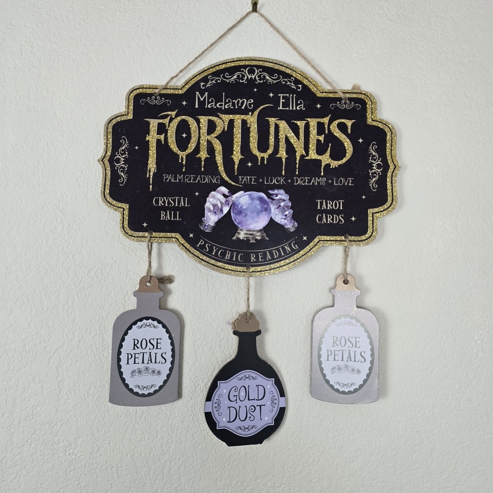 Fortunes Wall Sign with Hanging Potion Bottles - Black & Gold Halloween Decor